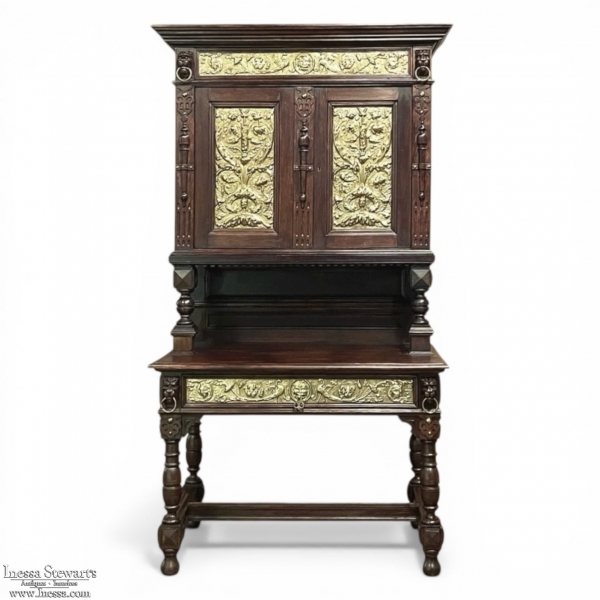 19th Century Flemish Renaissance Revival Secretary Bookcase in Solid Oak with Embossed Brass Panels