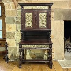 19th Century Flemish Renaissance Revival Secretary Bookcase in Solid Oak with Embossed Brass Panels