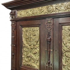 19th Century Flemish Renaissance Revival Secretary Bookcase in Solid Oak with Embossed Brass Panels