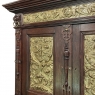 19th Century Flemish Renaissance Revival Secretary Bookcase in Solid Oak with Embossed Brass Panels