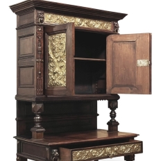 19th Century Flemish Renaissance Revival Secretary Bookcase in Solid Oak with Embossed Brass Panels