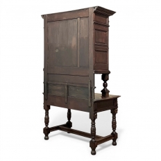 19th Century Flemish Renaissance Revival Secretary Bookcase in Solid Oak with Embossed Brass Panels