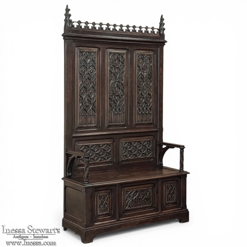 19th Century French Gothic Hall Bench with Trunk
