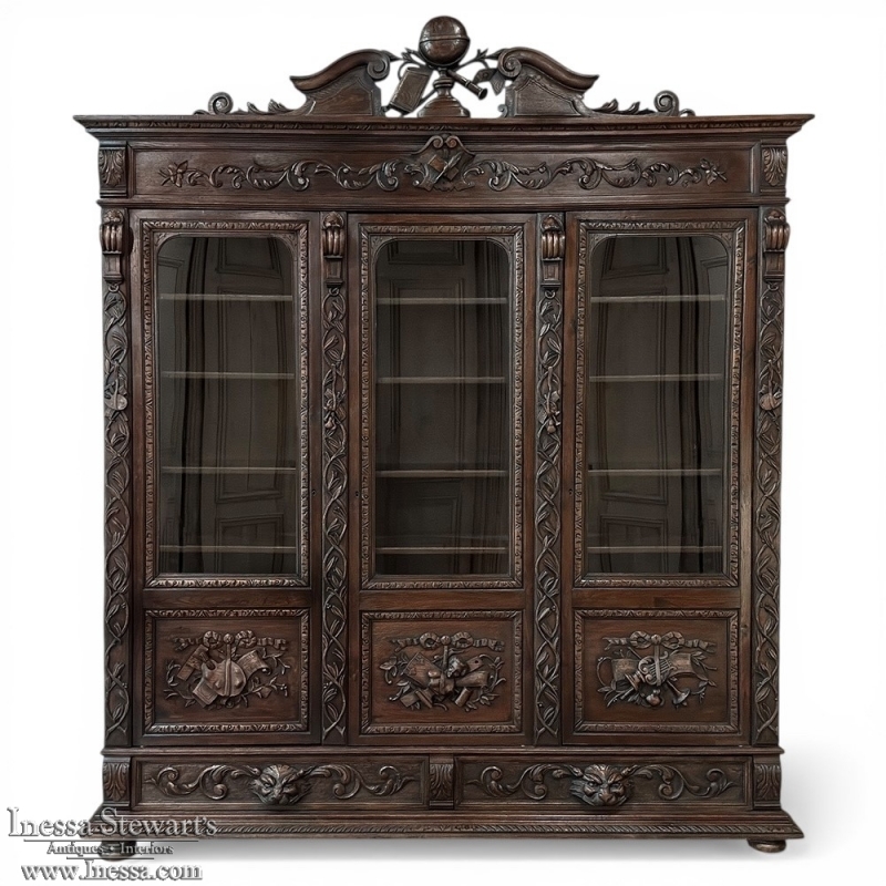 19th Century Renaissance Revival Hand-Carved Oak Triple Bookcase