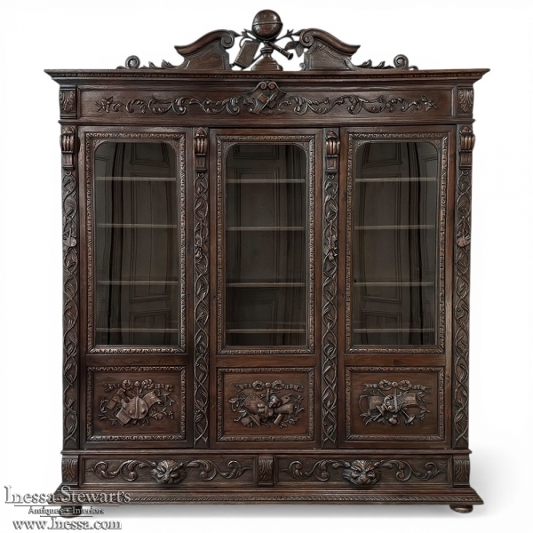 19th Century Renaissance Revival Hand-Carved Oak Triple Bookcase