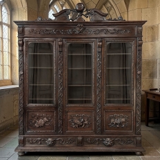 19th Century Renaissance Revival Hand-Carved Oak Triple Bookcase