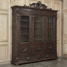 19th Century Renaissance Revival Hand-Carved Oak Triple Bookcase
