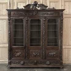 19th Century Renaissance Revival Hand-Carved Oak Triple Bookcase
