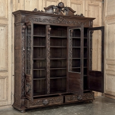19th Century Renaissance Revival Hand-Carved Oak Triple Bookcase