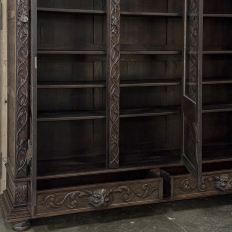 19th Century Renaissance Revival Hand-Carved Oak Triple Bookcase