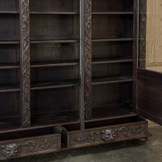 19th Century Renaissance Revival Hand-Carved Oak Triple Bookcase
