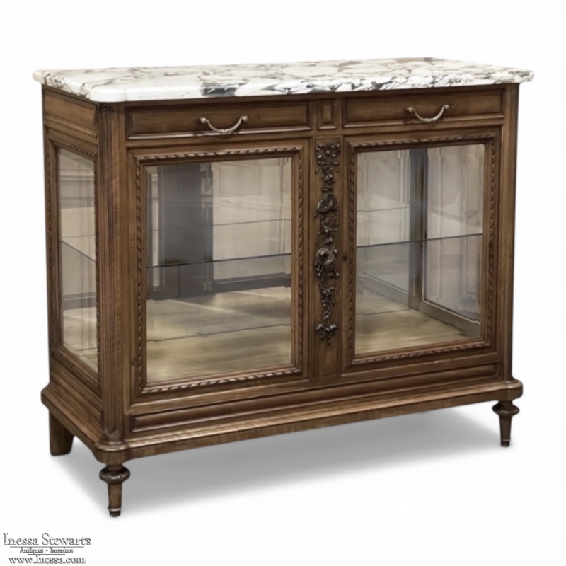 19th Century French Louis XVI Walnut Buffet with Marble Top and Hand Beveled Glass
