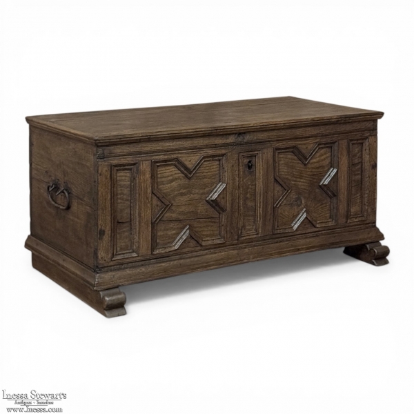18th Century Dutch Provincial Solid Oak Trunk with Hand-Forged Iron Handles
