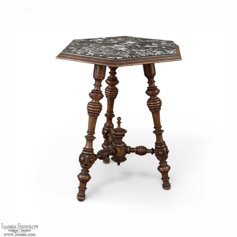 19th Century French Henri II Walnut End Table with Hexagonal Marble Top