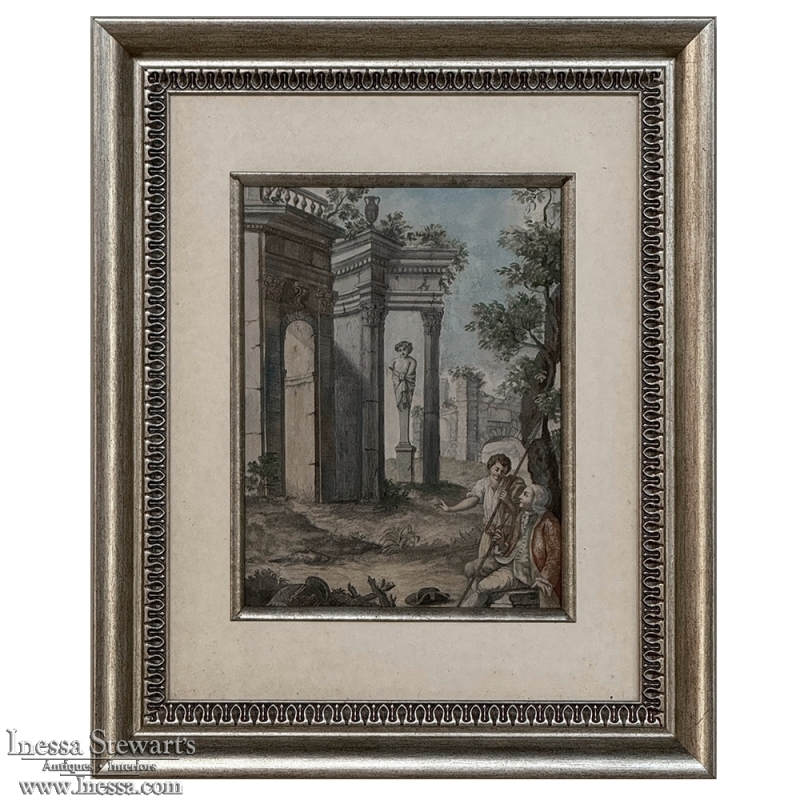18th Century Framed French Hand-Painted Engraving of Classical Architectural Ruins