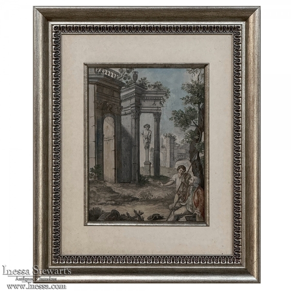 18th Century Framed French Hand-Painted Engraving of Classical Architectural Ruins