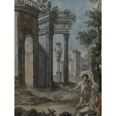 18th Century Framed French Hand-Painted Engraving of Classical Architectural Ruins
