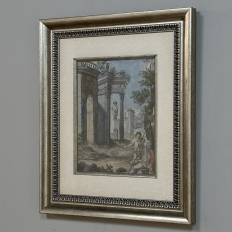 18th Century Framed French Hand-Painted Engraving of Classical Architectural Ruins