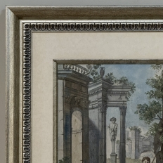 18th Century Framed French Hand-Painted Engraving of Classical Architectural Ruins