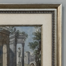 18th Century Framed French Hand-Painted Engraving of Classical Architectural Ruins