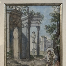 18th Century Framed French Hand-Painted Engraving of Classical Architectural Ruins