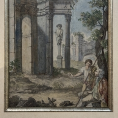18th Century Framed French Hand-Painted Engraving of Classical Architectural Ruins