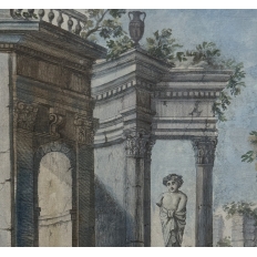 18th Century Framed French Hand-Painted Engraving of Classical Architectural Ruins