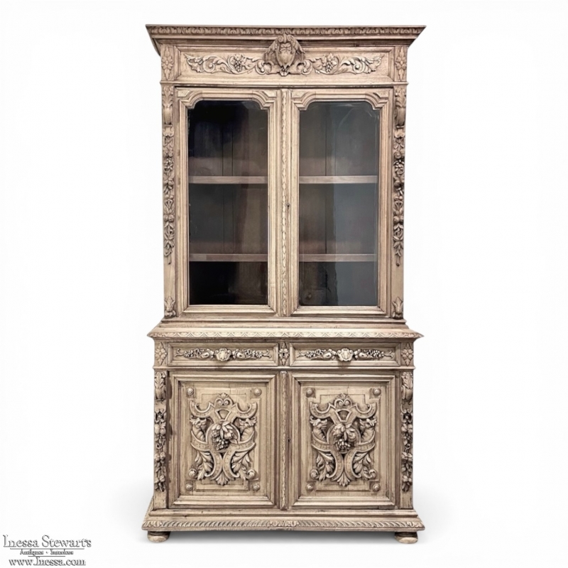19th Century French Renaissance Revival Carved Oak Bookcase ~ Cabinet in Stripped Oak