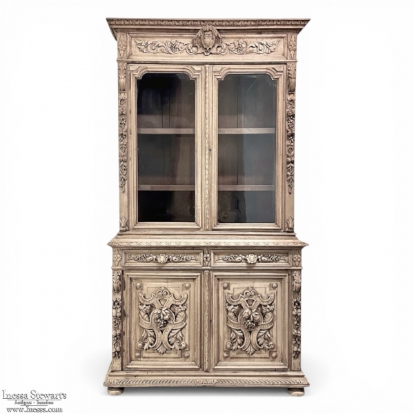 19th Century French Renaissance Revival Carved Oak Bookcase ~ Cabinet in Stripped Oak