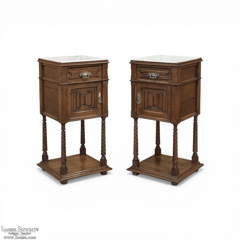 Pair of Gothic Revival Oak Nightstands with Carrara Marble Tops
