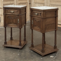 Pair of Gothic Revival Oak Nightstands with Carrara Marble Tops
