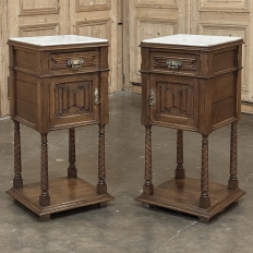 Pair of Gothic Revival Oak Nightstands with Carrara Marble Tops