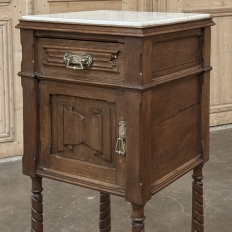 Pair of Gothic Revival Oak Nightstands with Carrara Marble Tops