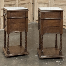 Pair of Gothic Revival Oak Nightstands with Carrara Marble Tops
