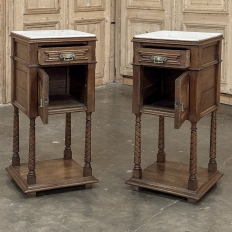 Pair of Gothic Revival Oak Nightstands with Carrara Marble Tops