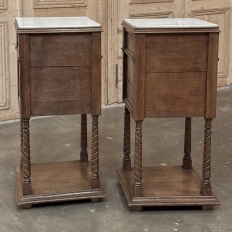 Pair of Gothic Revival Oak Nightstands with Carrara Marble Tops