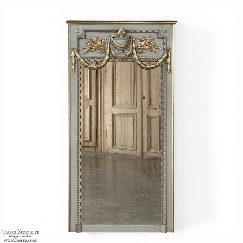 19th Century French Louis XVI Painted and Gilded Trumeau Mirror