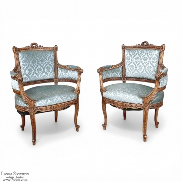 Pair 19th Century French Louis XVI Walnut Bergeres ~ Armchairs