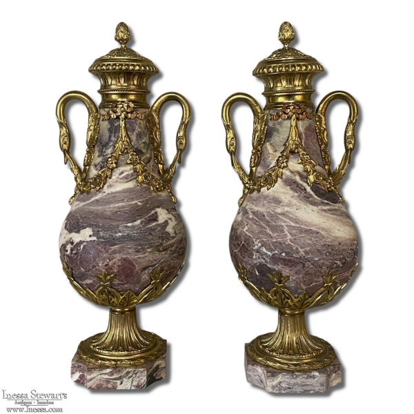 Pair 19th Century French Louis XVI Marble & Bronze D'Or Cassolettes