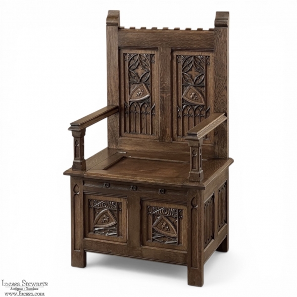 Antique French Gothic Revival Bench ~ Cathedral Chair