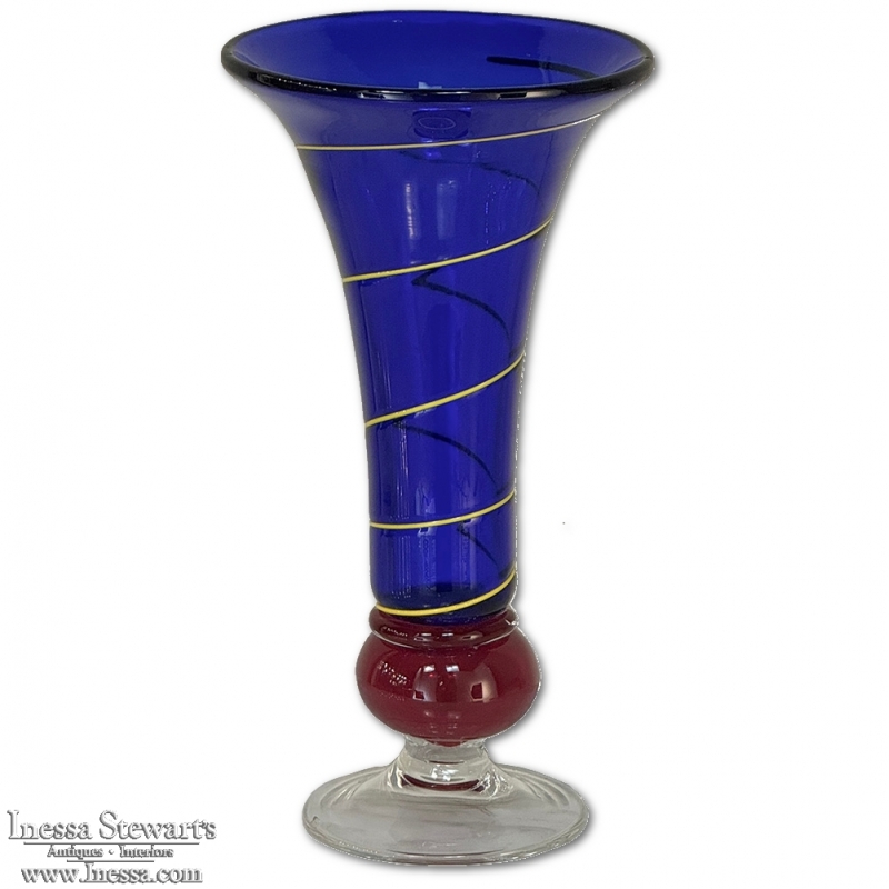 Art Deco Cobalt Blue & Copper Glass Vase with Spiral Design