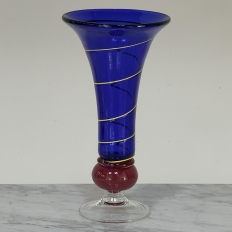 Art Deco Cobalt Blue & Copper Glass Vase with Spiral Design