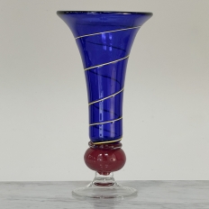 Art Deco Cobalt Blue & Copper Glass Vase with Spiral Design