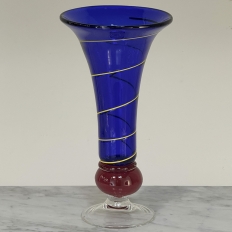 Art Deco Cobalt Blue & Copper Glass Vase with Spiral Design