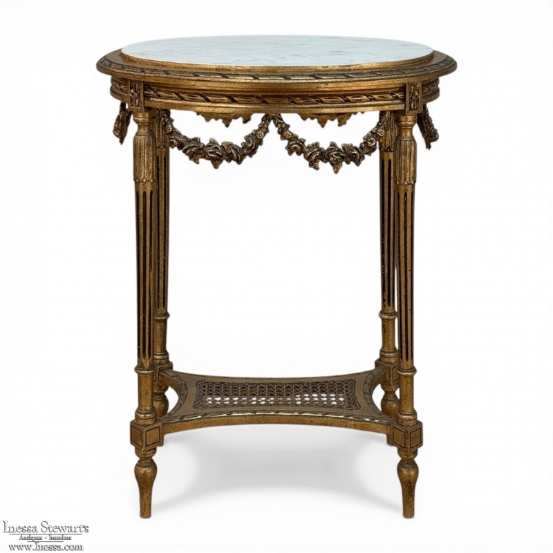 Antique French Louis XVI Giltwood Oval Side Table with Carrara Marble Top
