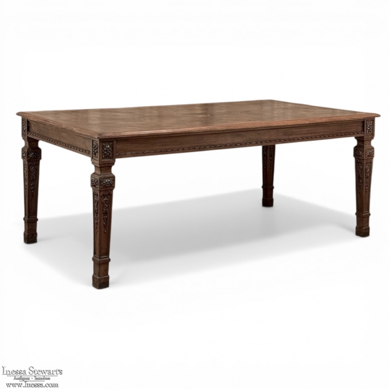 French Louis XVI Style Walnut Dining Table with Parquetry Top