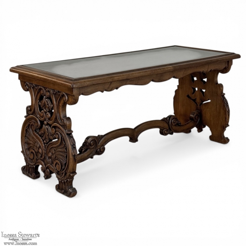Belgian Renaissance Revival Walnut Coffee Table with Protective Glass Top