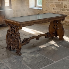 Belgian Renaissance Revival Walnut Coffee Table with Protective Glass Top