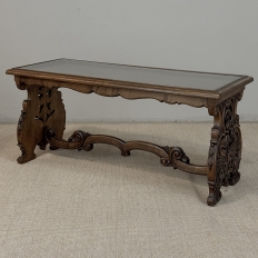 Belgian Renaissance Revival Walnut Coffee Table with Protective Glass Top