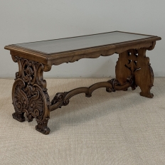 Belgian Renaissance Revival Walnut Coffee Table with Protective Glass Top